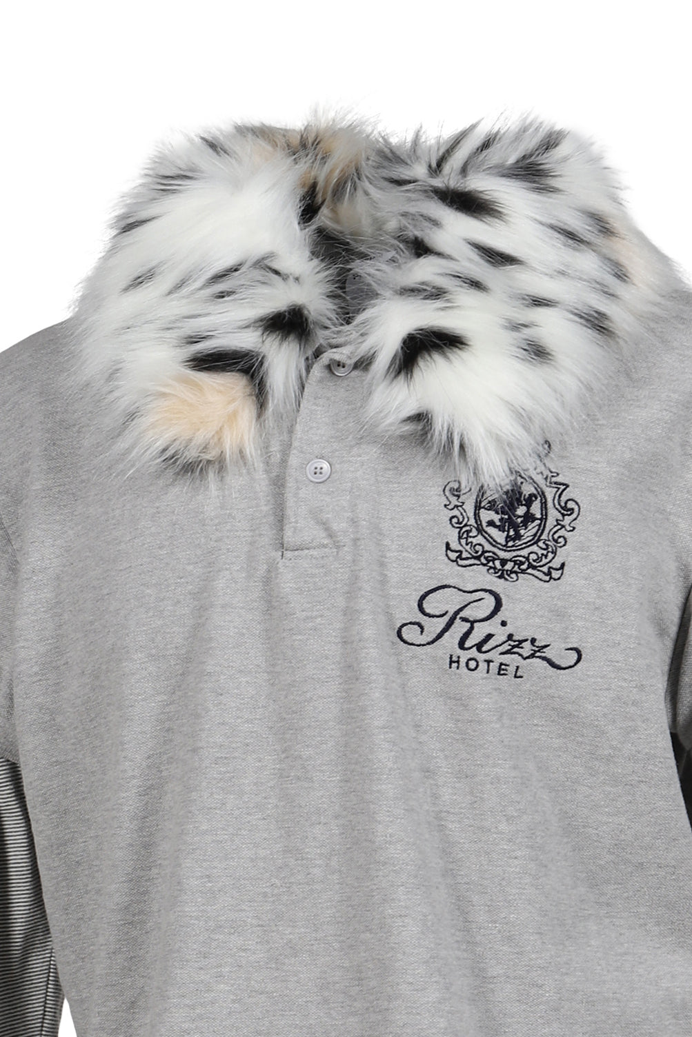 FUR COLLAR LAYERED POLO T SHIRTS / GRY