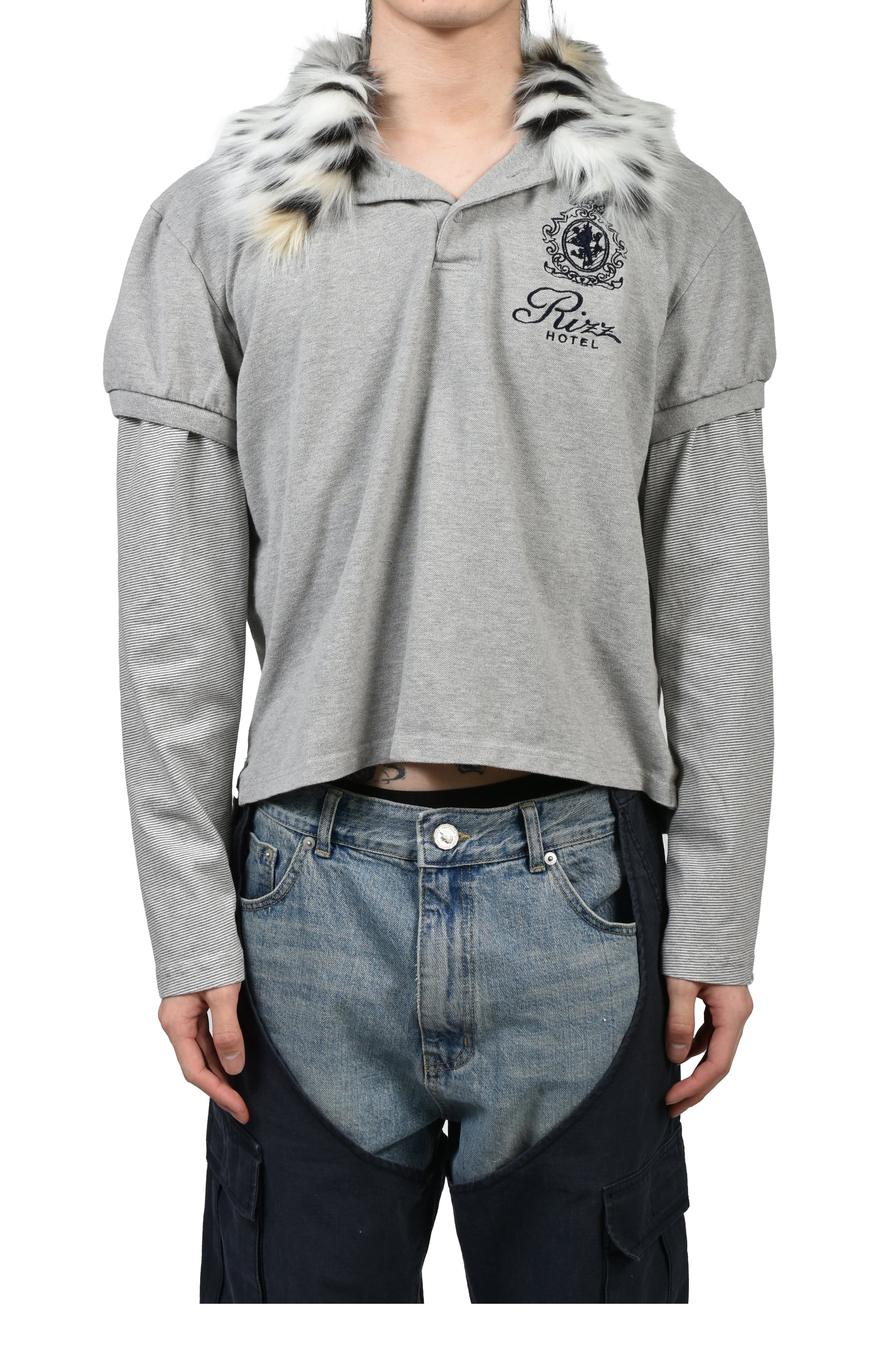 FUR COLLAR LAYERED POLO T SHIRTS / GRY