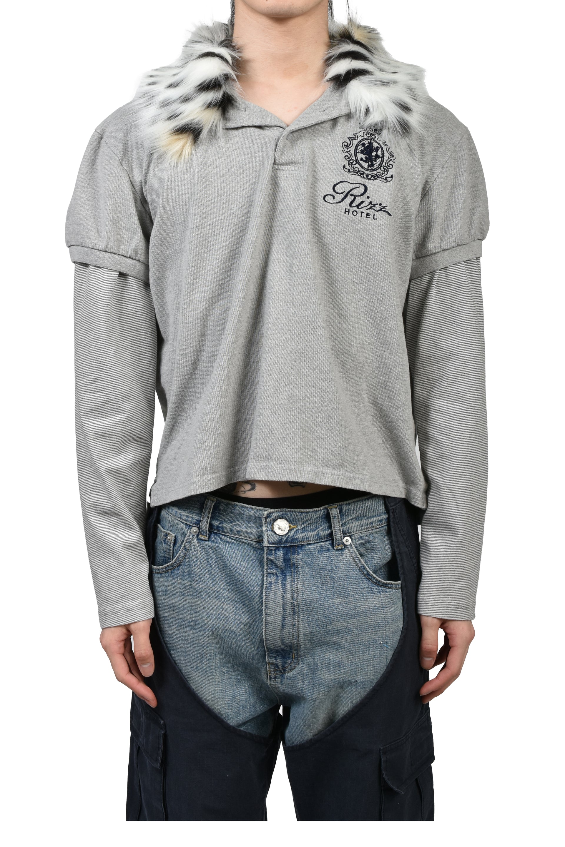 FUR COLLAR LAYERED POLO T SHIRTS / GRY