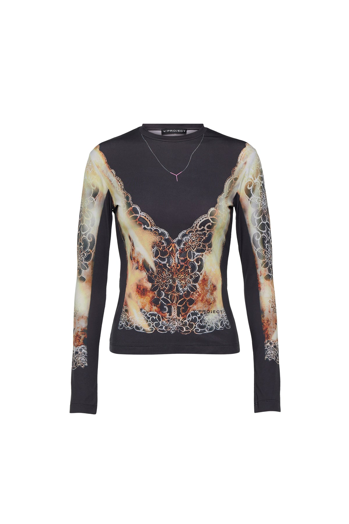 LACE PRINT LONG SLEEVE TOP / BLK