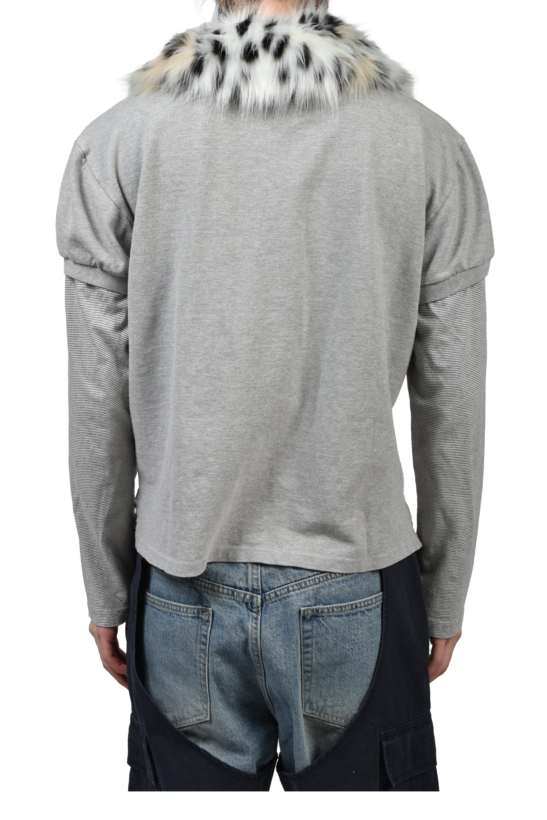 FUR COLLAR LAYERED POLO T SHIRTS / GRY