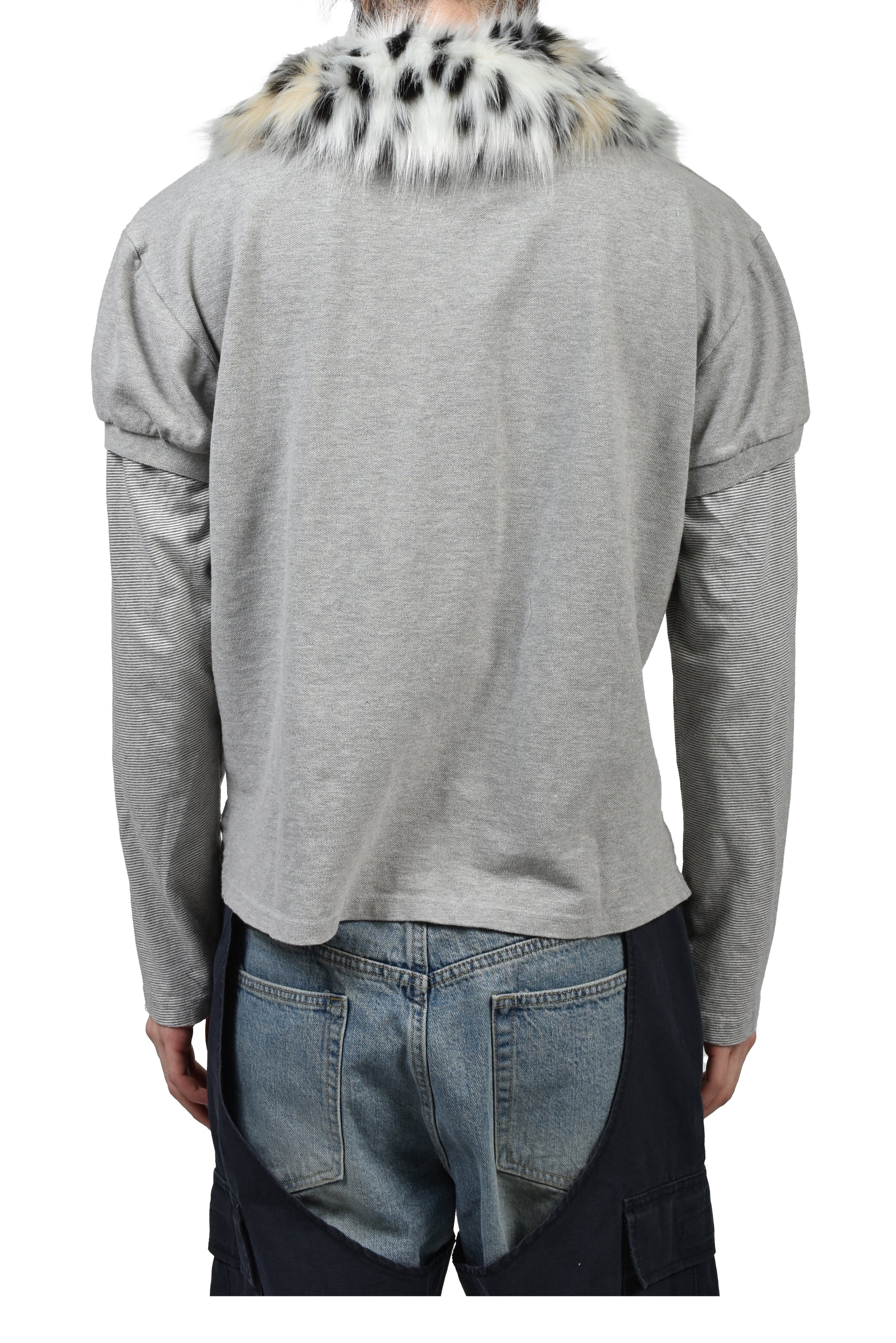 FUR COLLAR LAYERED POLO T SHIRTS / GRY