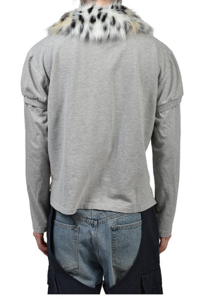 FUR COLLAR LAYERED POLO T SHIRTS / GRY