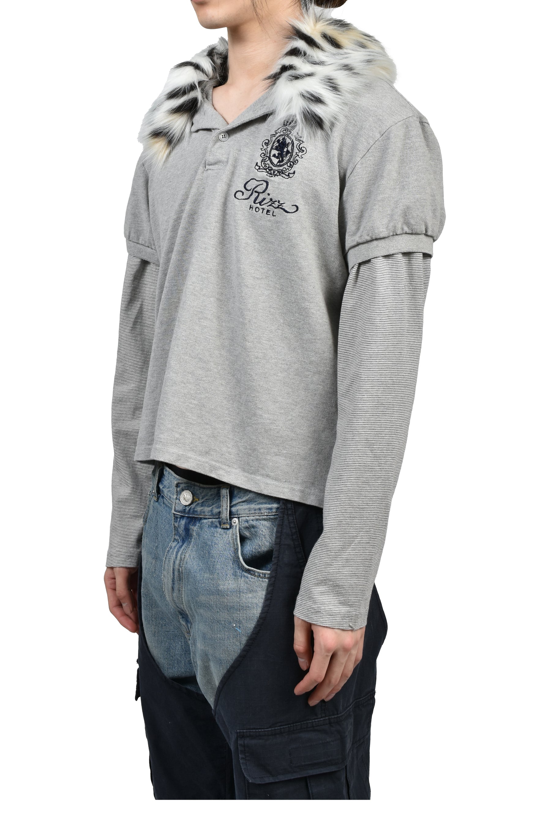 FUR COLLAR LAYERED POLO T SHIRTS / GRY