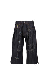 STUDDED FACE PLATED LONG SHORTS / RAW DENIM
