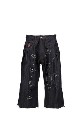 STUDDED FACE PLATED LONG SHORTS / RAW DENIM