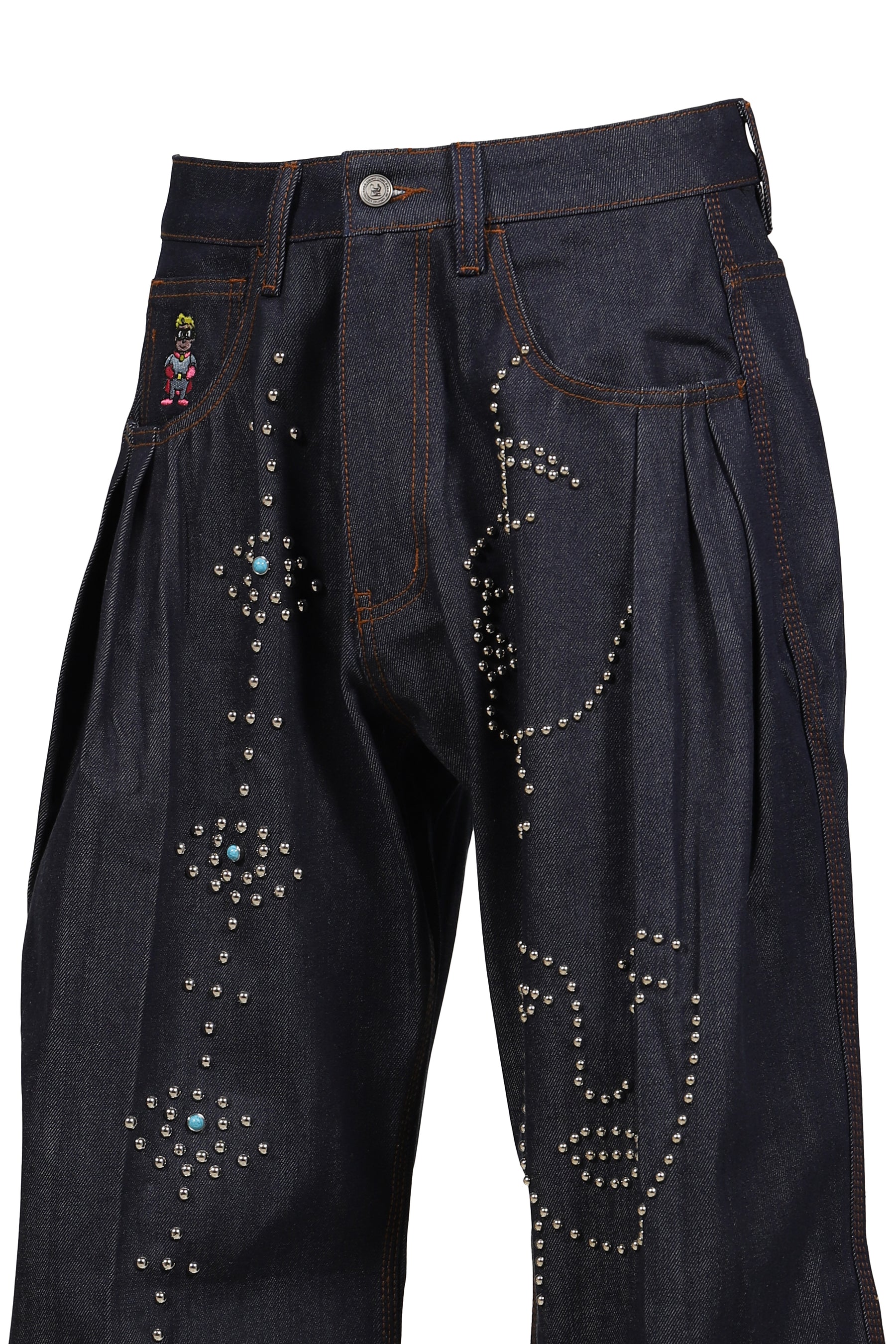 STUDDED FACE PLATED LONG SHORTS / RAW DENIM
