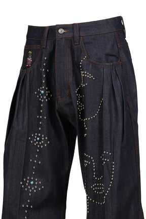 STUDDED FACE PLATED LONG SHORTS / RAW DENIM