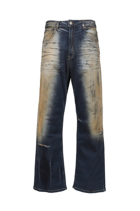 DIRTY-WASHED DENIM PANTS / NAVY