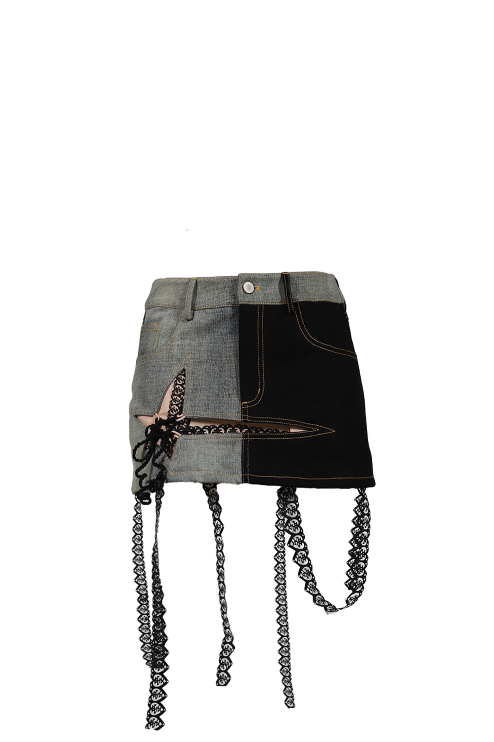 YUEQI QI CUT-OUT UPCYCLED DENIM MINI SKIRT / BLK