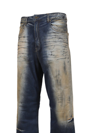 DIRTY-WASHED DENIM PANTS / NAVY