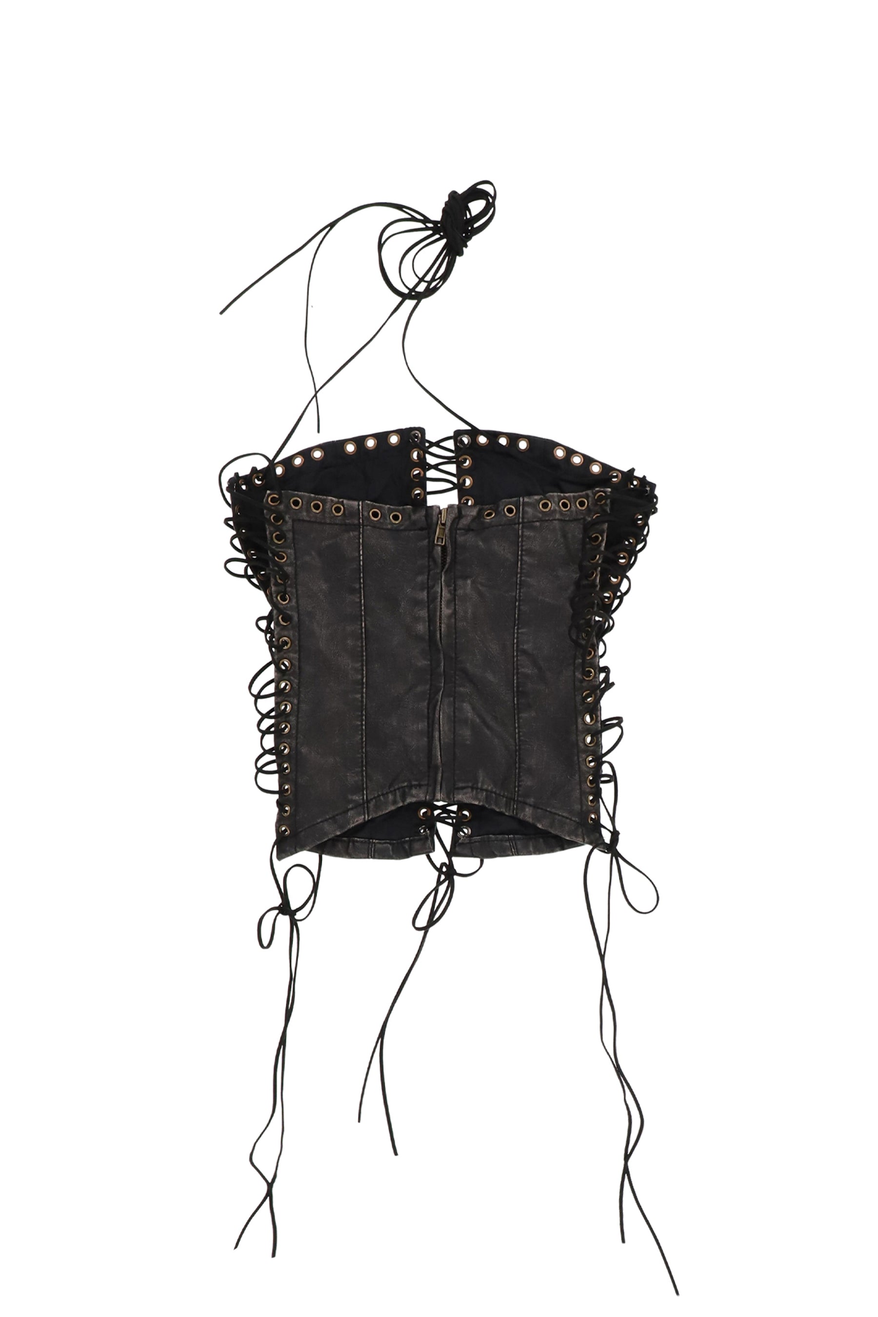 ODILE BLACK FAUX LEATHER LACE UP CORSET / BLK