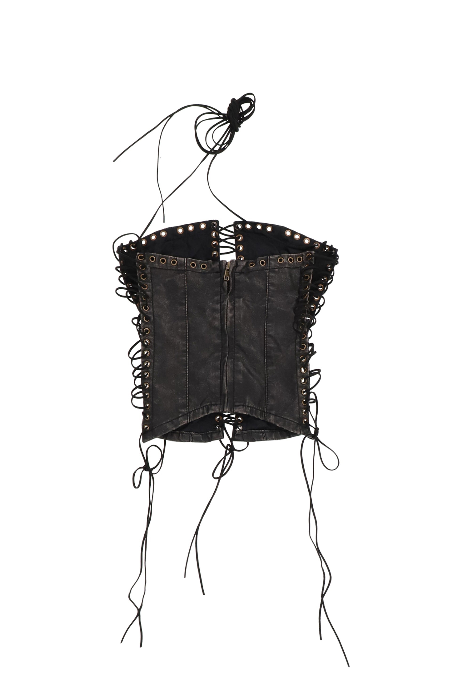 ODILE BLACK FAUX LEATHER LACE UP CORSET / BLK