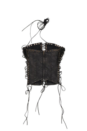 ODILE BLACK FAUX LEATHER LACE UP CORSET / BLK