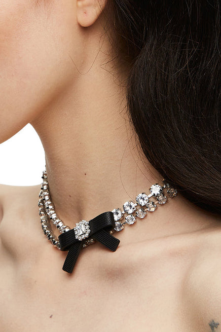 RUBBER BOW GEMSTONE NECKLACE / BLK 