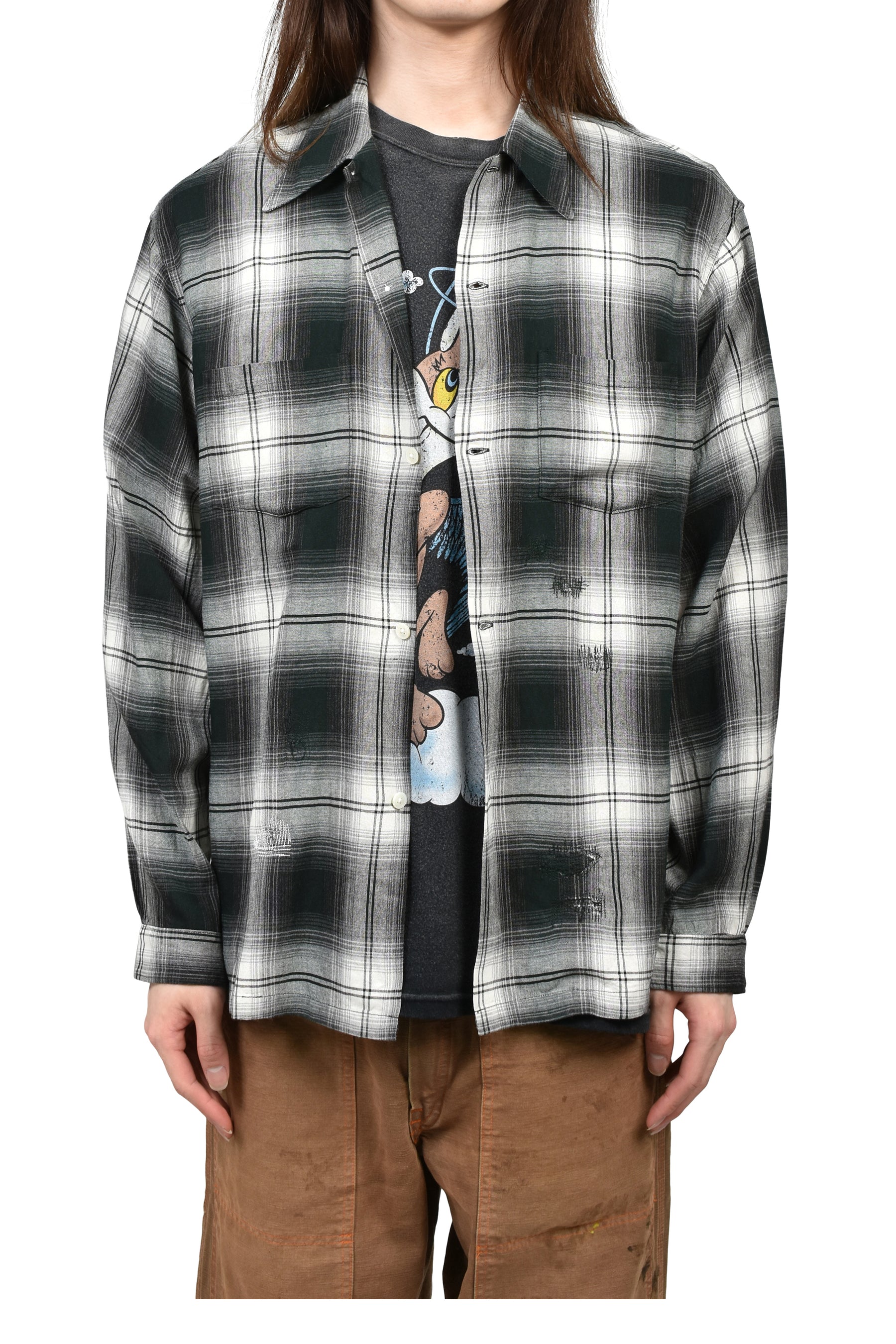 BOW WOW バウワウ SS26 REMADE RAYON PLAID SHIRT AGED / D.GRN×WHT