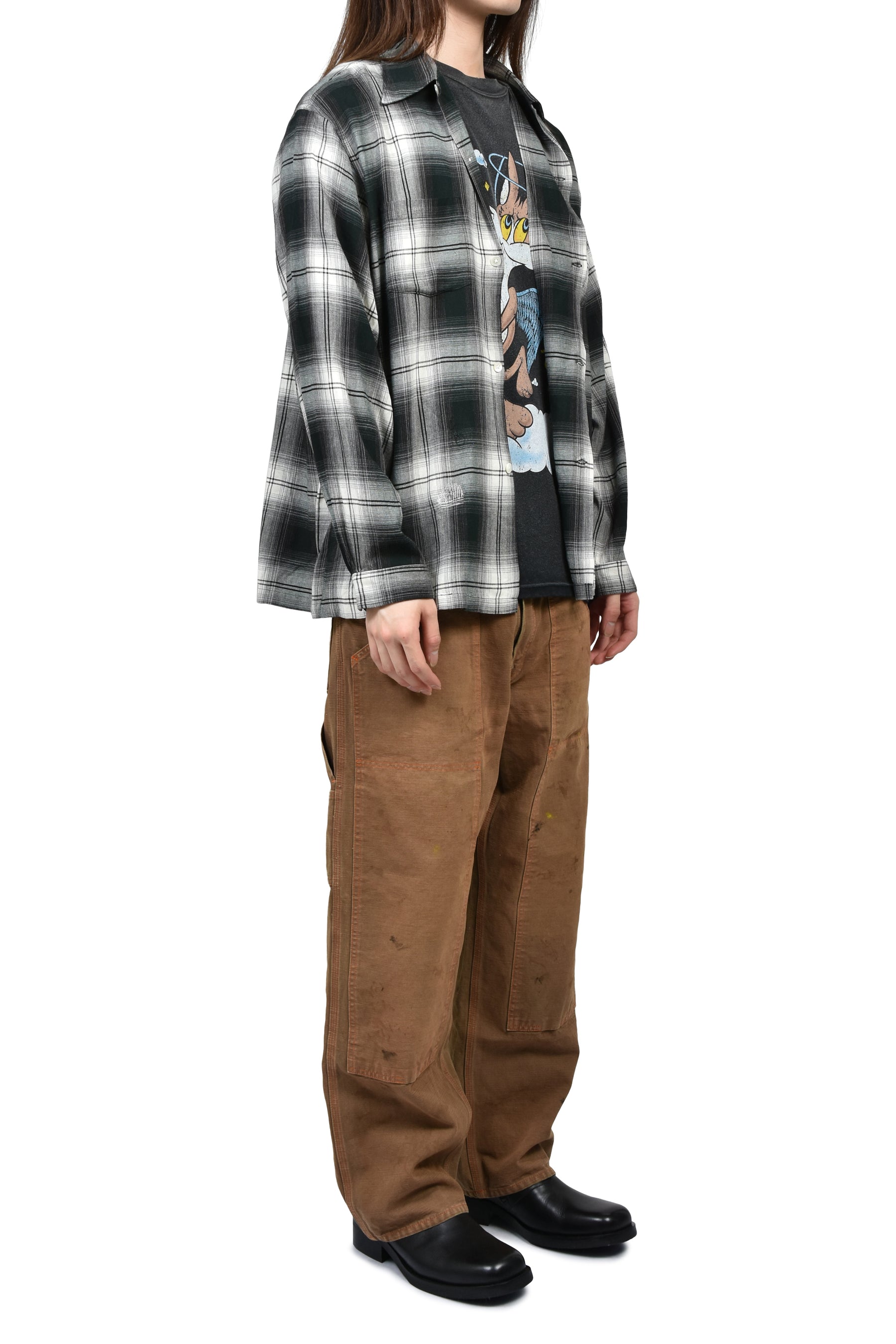 REMADE RAYON PLAID SHIRT AGED / D.GRN×WHT