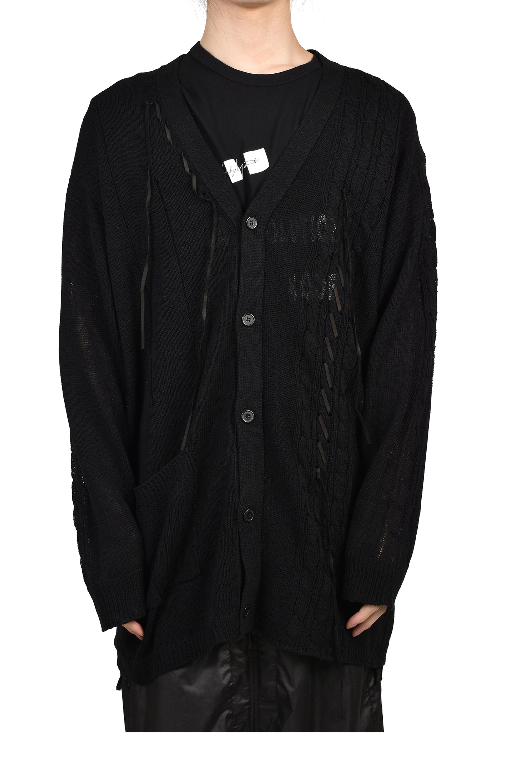 LEATHER CORD CARDIGAN / BLK