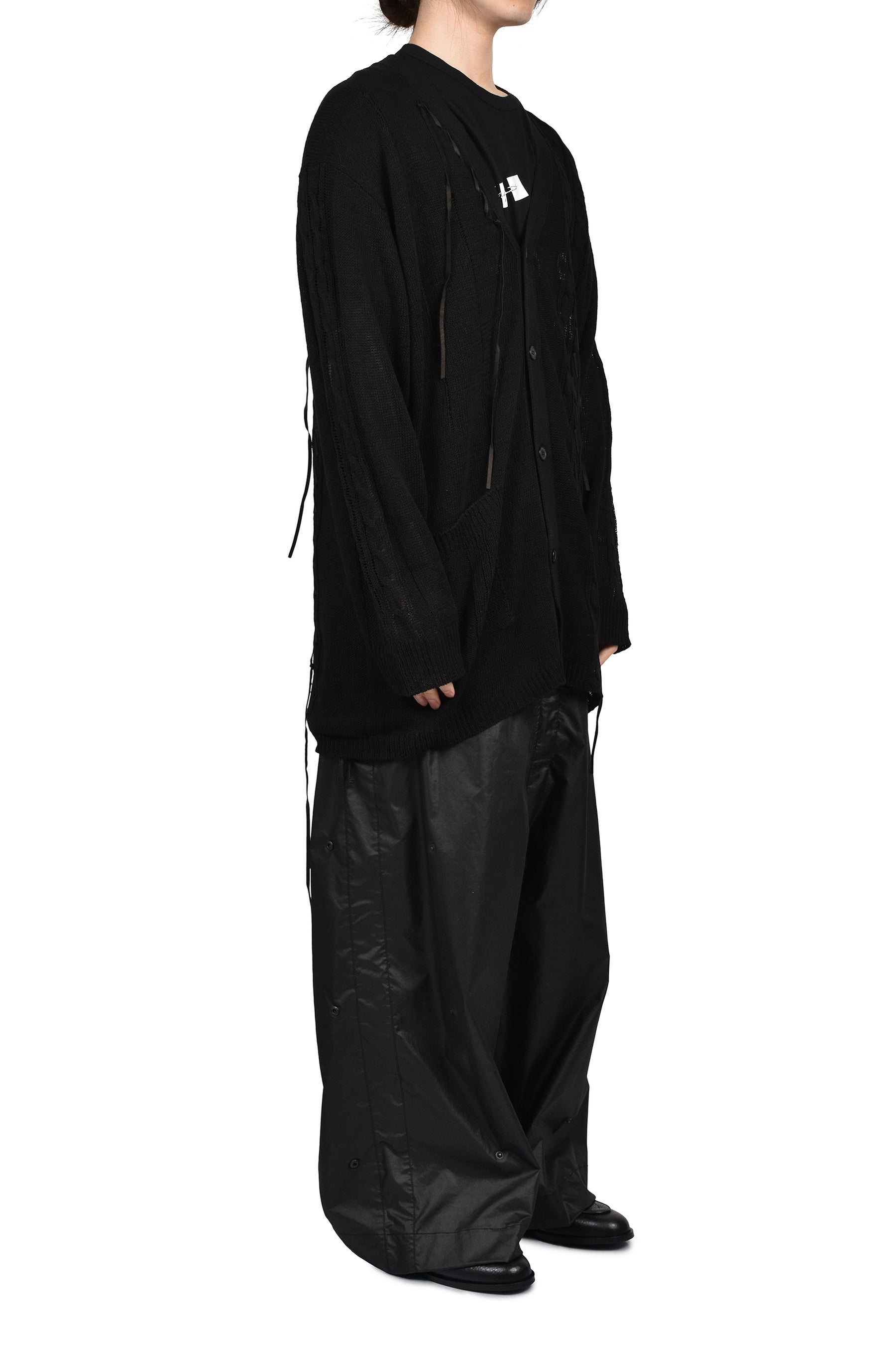 LEATHER CORD CARDIGAN / BLK