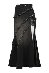 Tied lace denim skirt / black