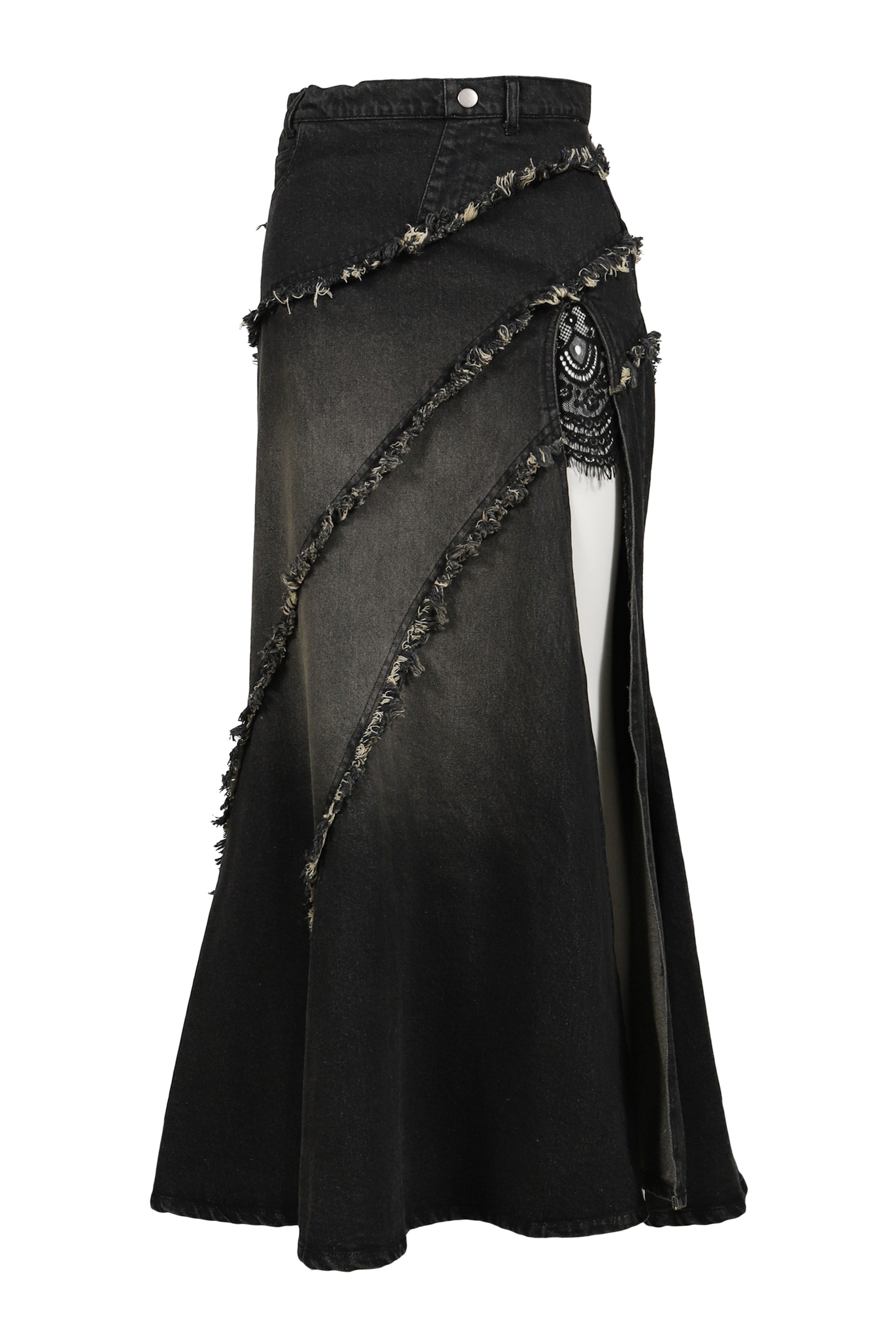 Tied lace denim skirt / black