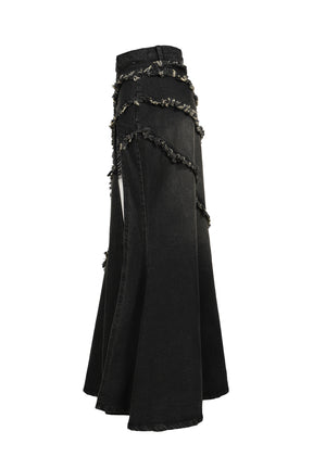 Tied lace denim skirt / black