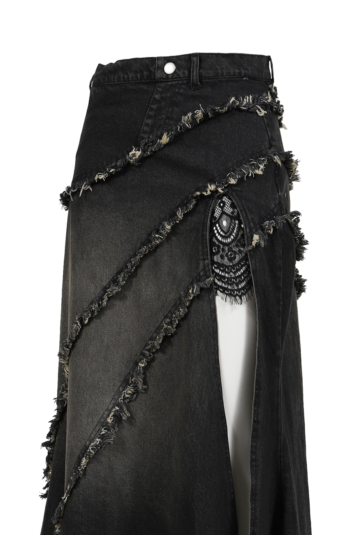 Tied lace denim skirt / black