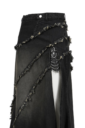 Tied lace denim skirt / black