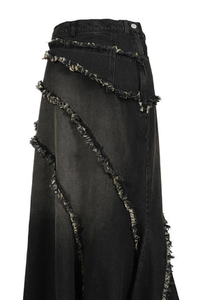 Tied lace denim skirt / black