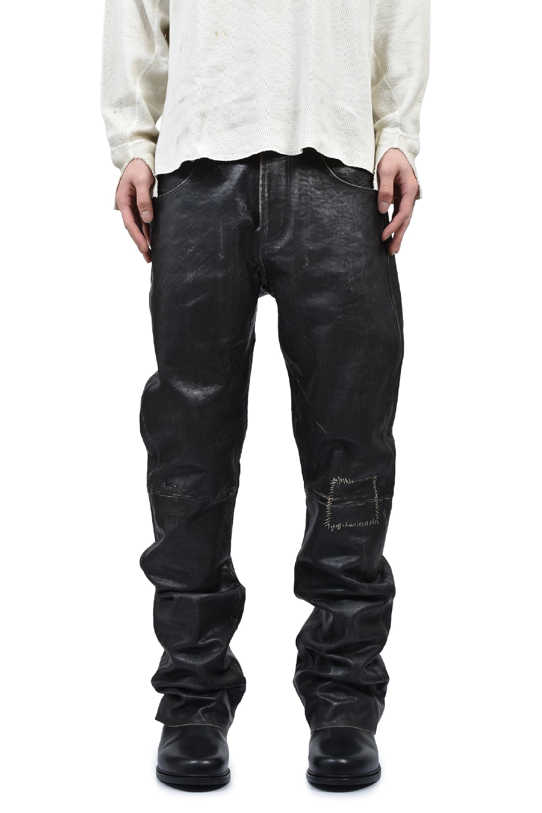 CRUST REPAIRED LEATHER FLARE JEANS / BLK SAND