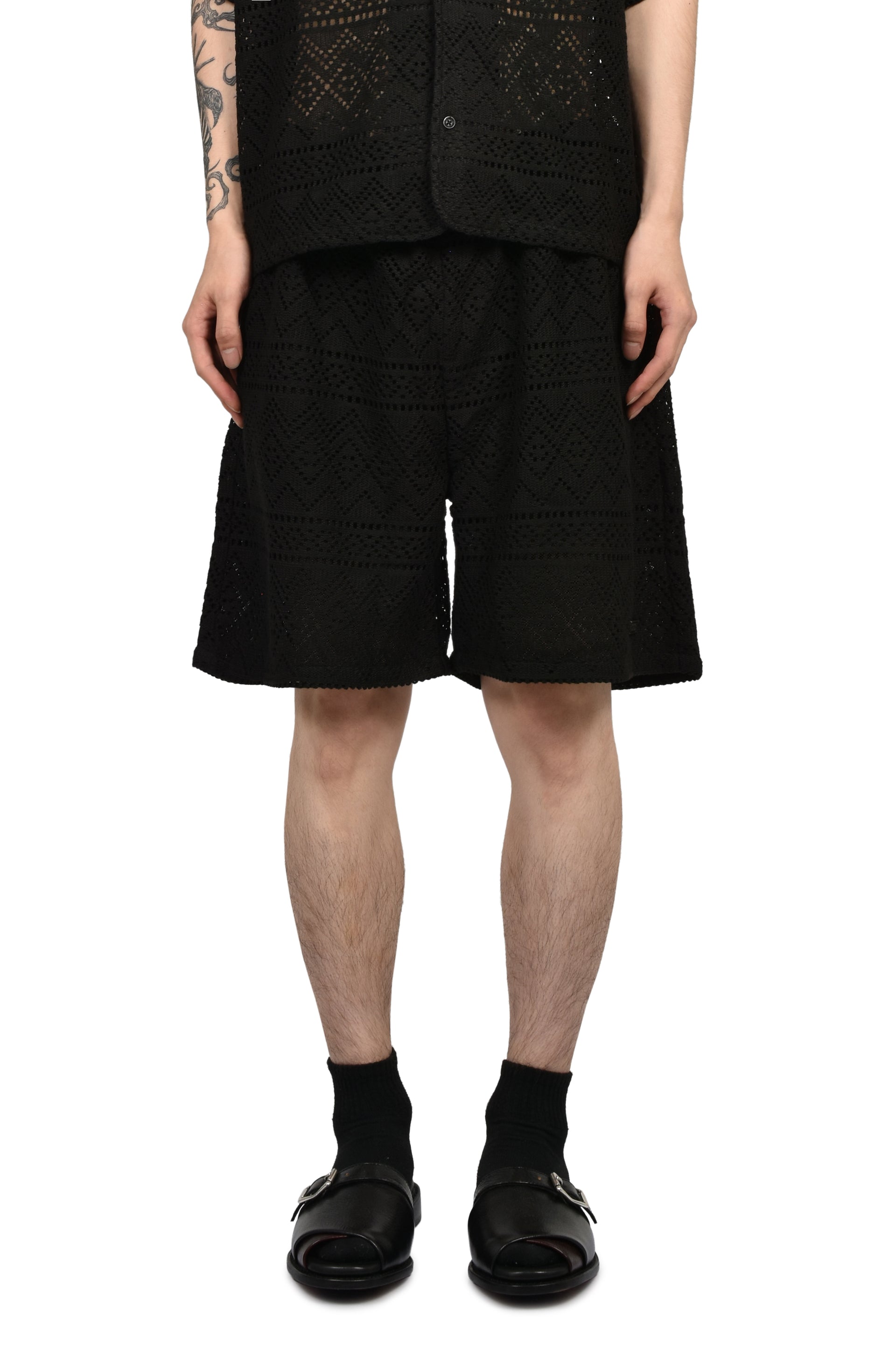 POINTELLE CROCHET DRAWCORD 7" SHORT / BLK