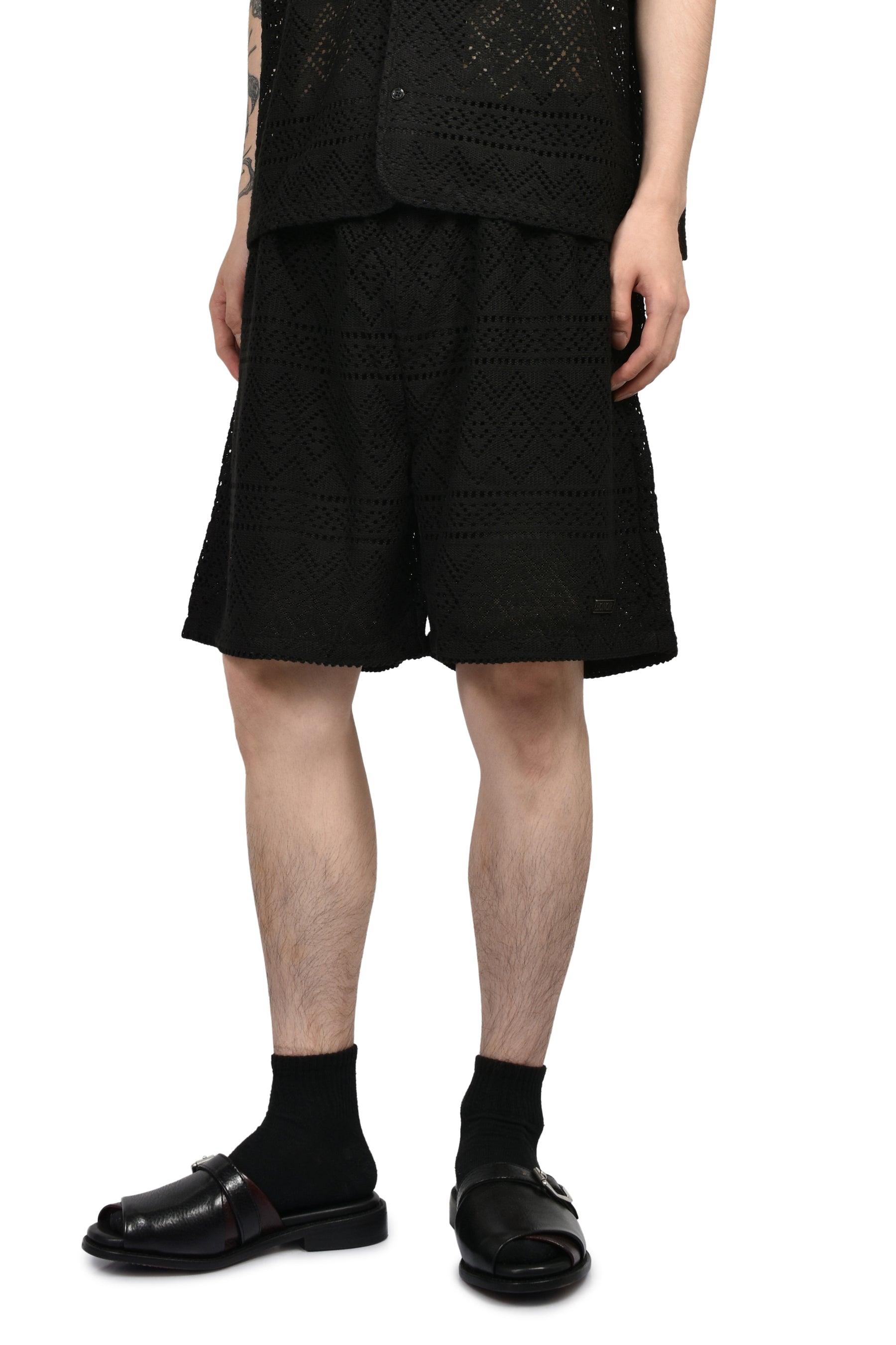 POINTELLE CROCHET DRAWCORD 7" SHORT / BLK