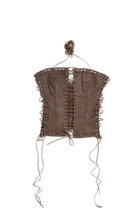 ODILE BROWN FAUX LEATHER LACE UP CORSET / BRWN