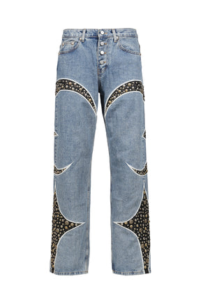 IRON STEEL FOCUS LEATHER DENIM PANTS / BLU