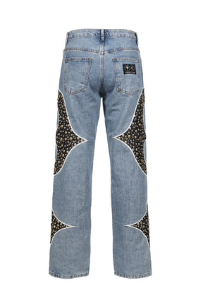 IRON STEEL FOCUS LEATHER DENIM PANTS / BLU