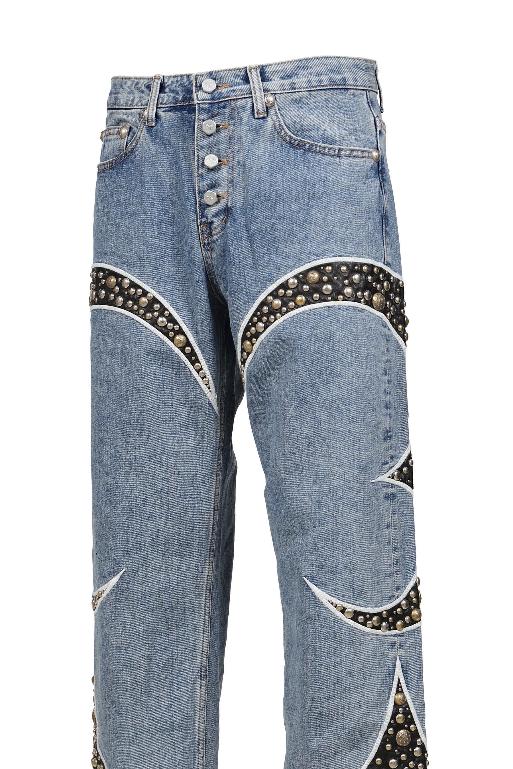 IRON STEEL FOCUS LEATHER DENIM PANTS / BLU