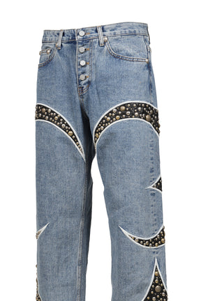 IRON STEEL FOCUS LEATHER DENIM PANTS / BLU