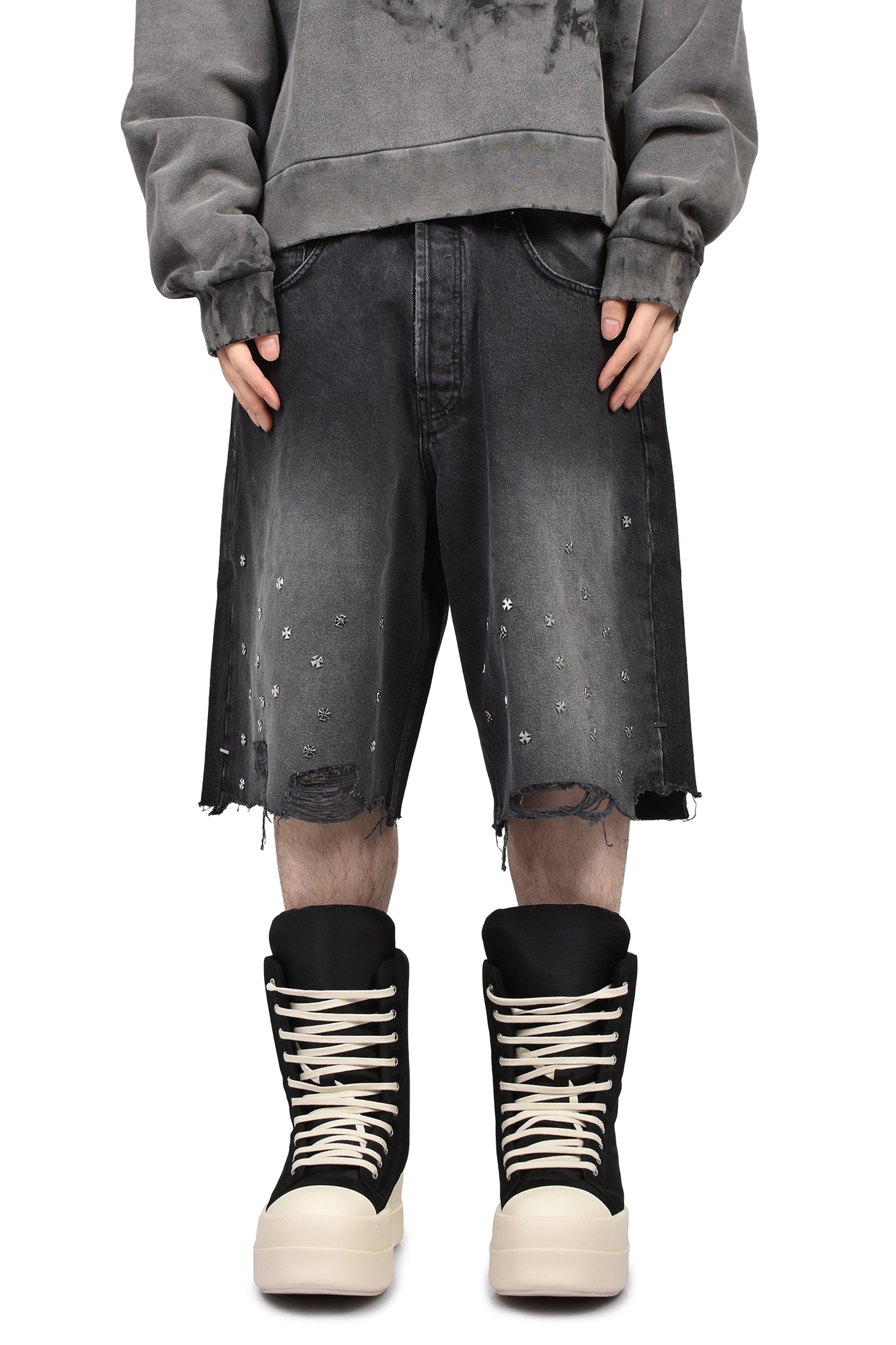 ASKYURSELF SS26 CROSS PIN BAGGY JEANS SHORTS / WASHED BLK - NUBIAN