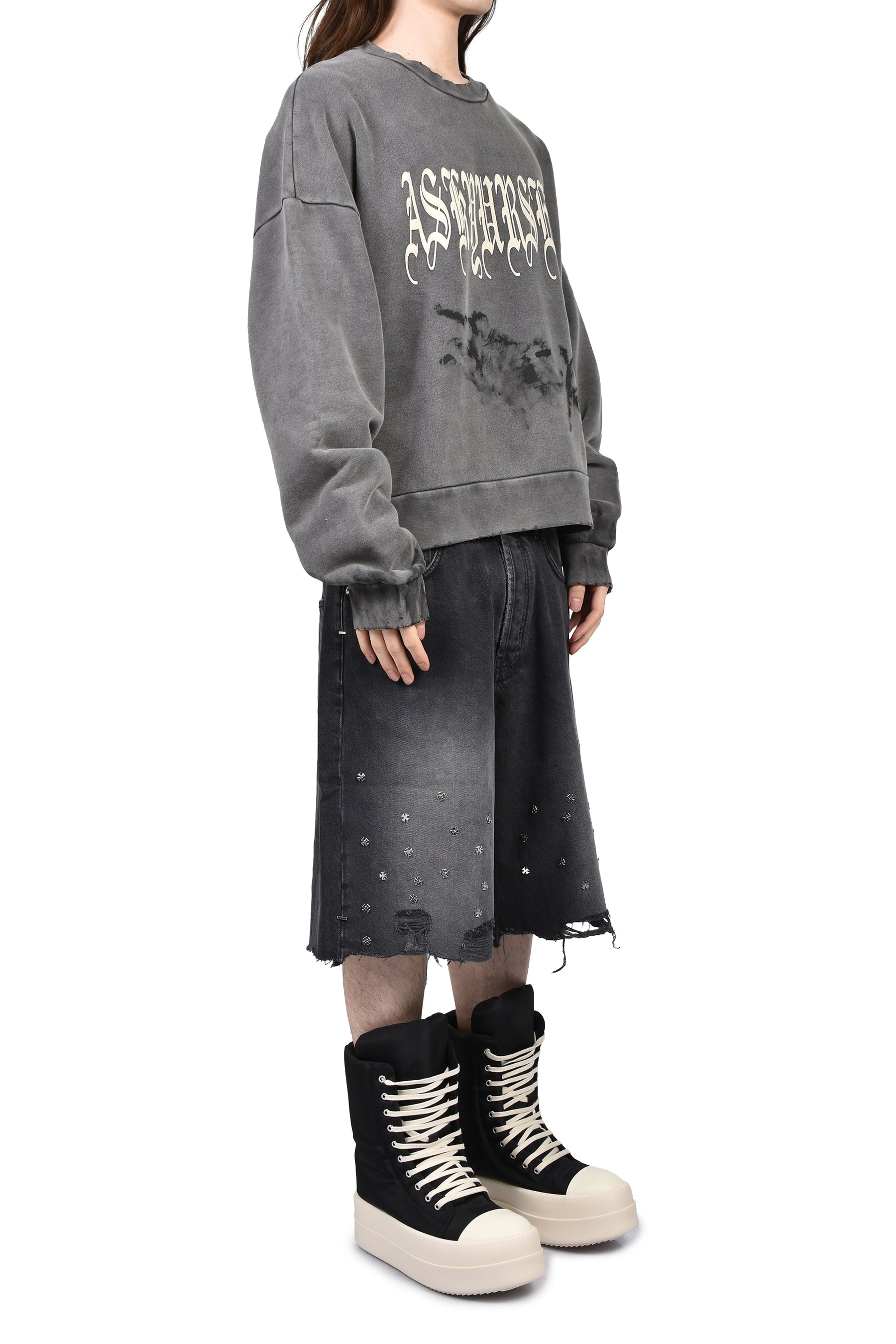 CROSS PIN BAGGY JEANS SHORTS / WASHED BLK