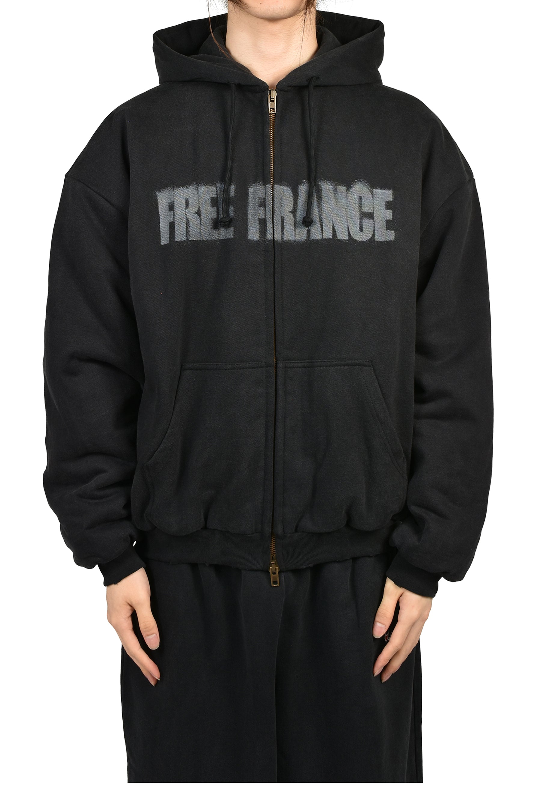 PUFFED ZIP-UP HOODIE FREE FRANCE / WASHED BLK