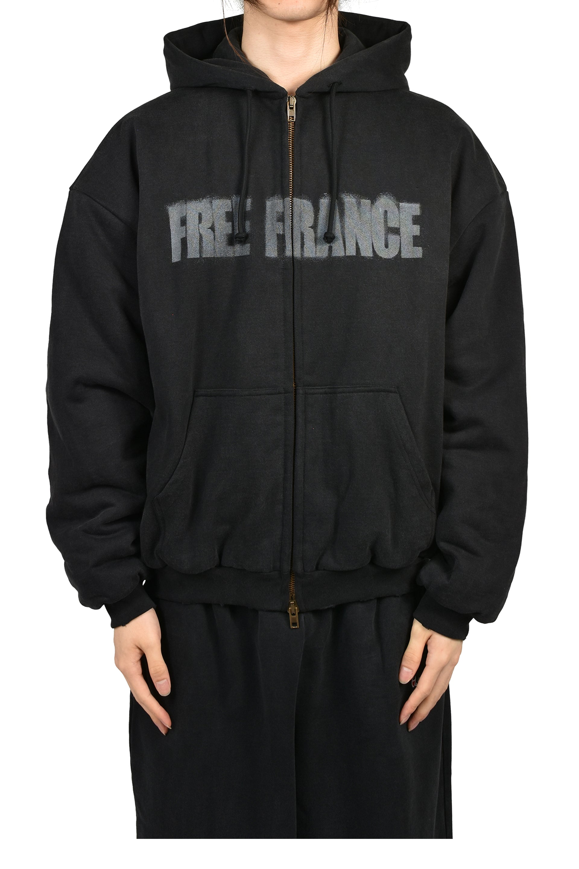 PUFFED ZIP-UP HOODIE FREE FRANCE / WASHED BLK