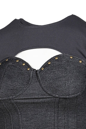 DENIM LACE COMBI T-SHIRT / BLK