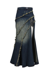 TIERED LACE DENIM SKIRT / BLU