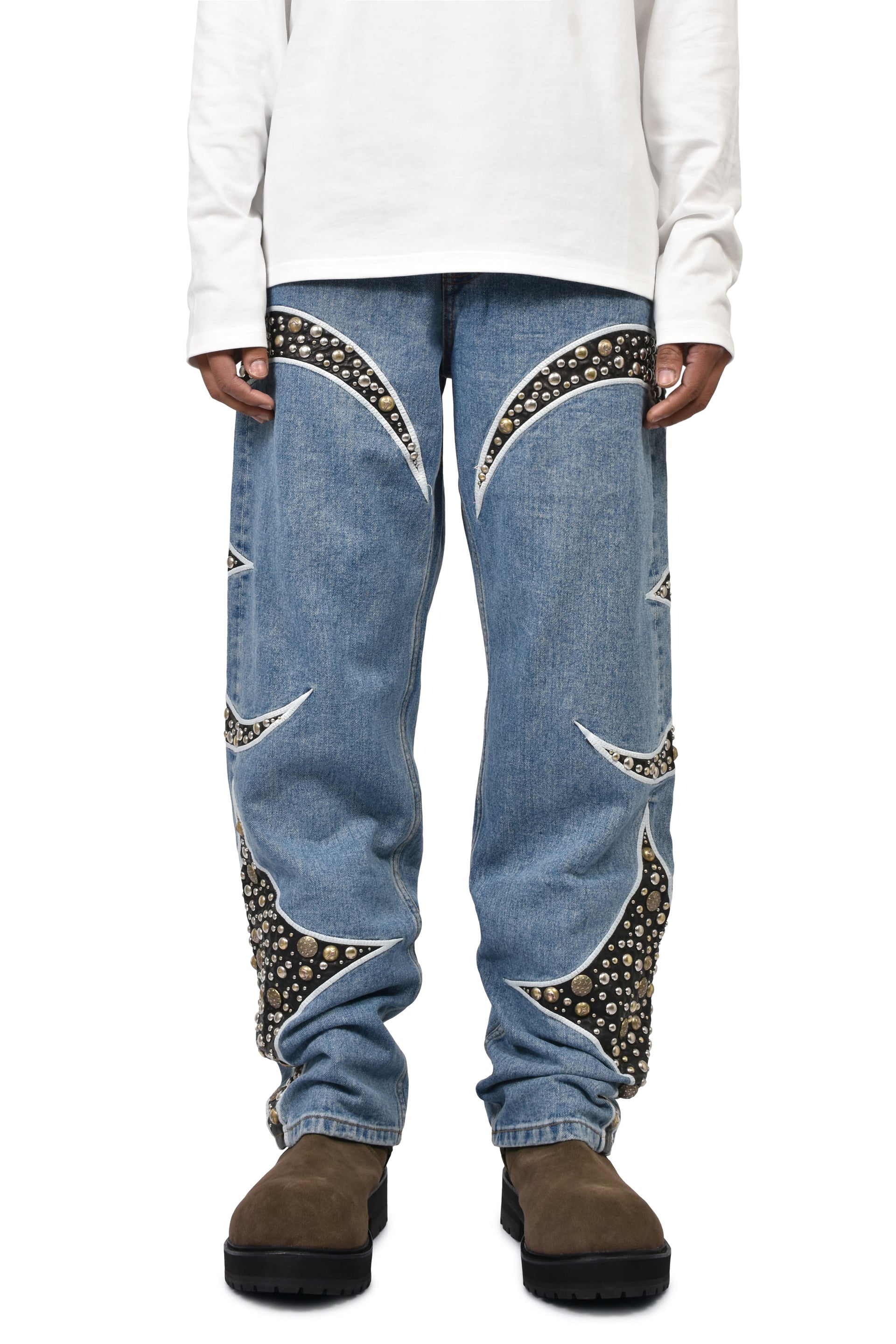 IRON STEEL FOCUS LEATHER DENIM PANTS / BLU
