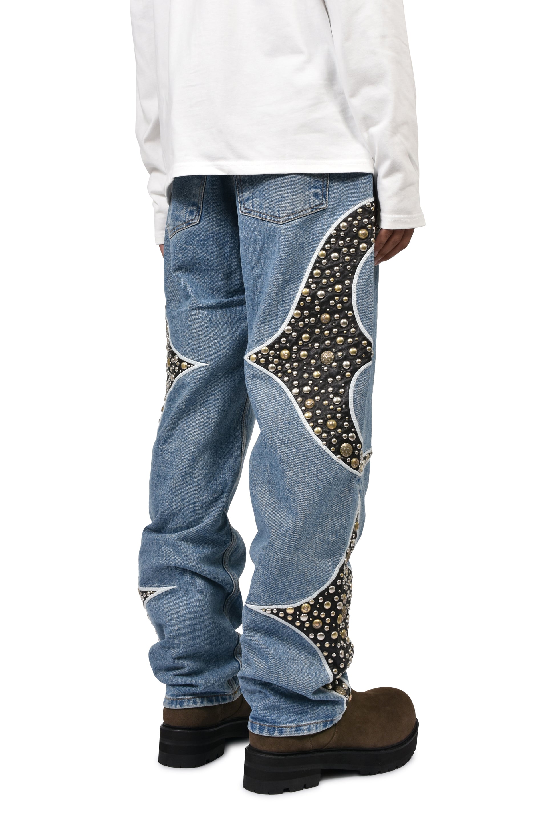 IRON STEEL FOCUS LEATHER DENIM PANTS / BLU