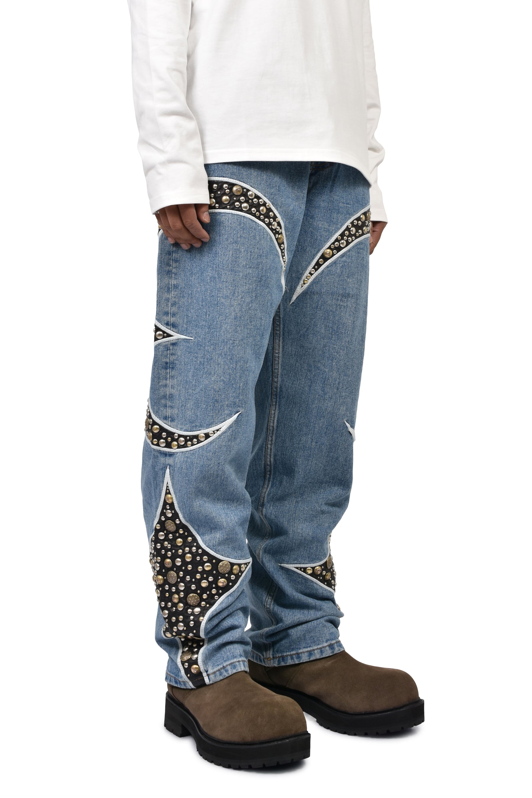 IRON STEEL FOCUS LEATHER DENIM PANTS / BLU