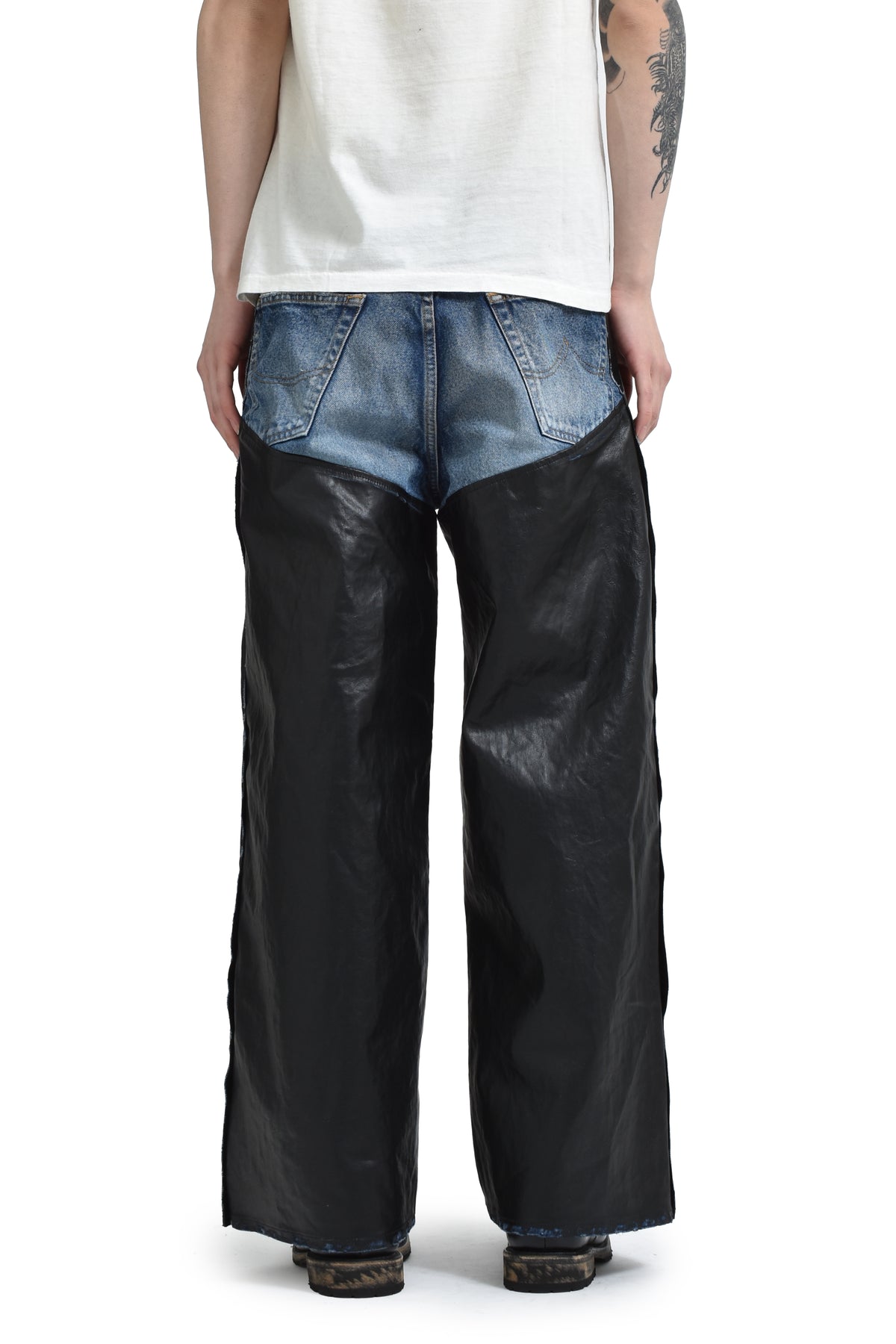 LEATHER COATING DENIM CHAPS PANTS / BLK