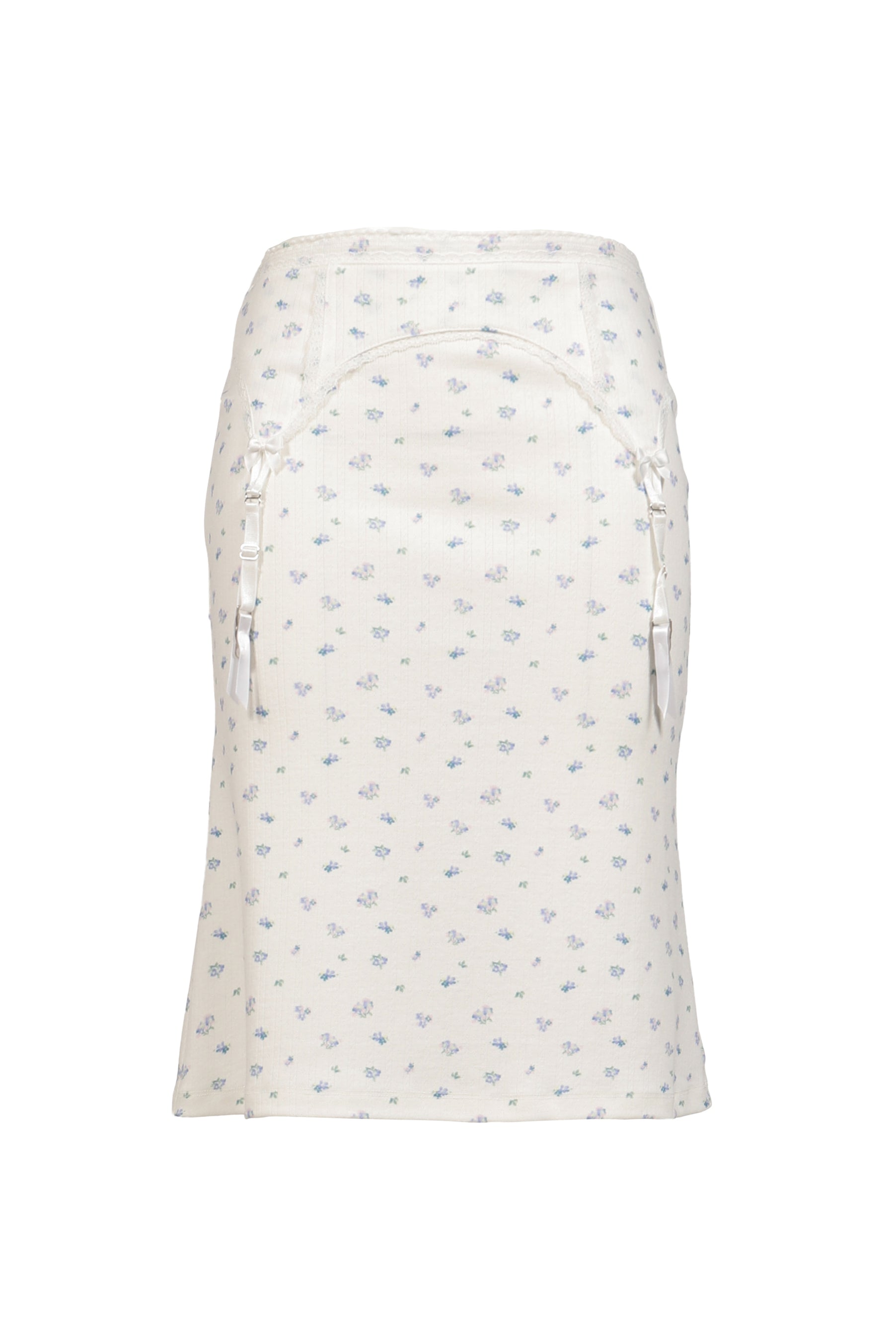 WHITE FLORAL GARTER DECORATED KNIT SKIRT / FLORAL
