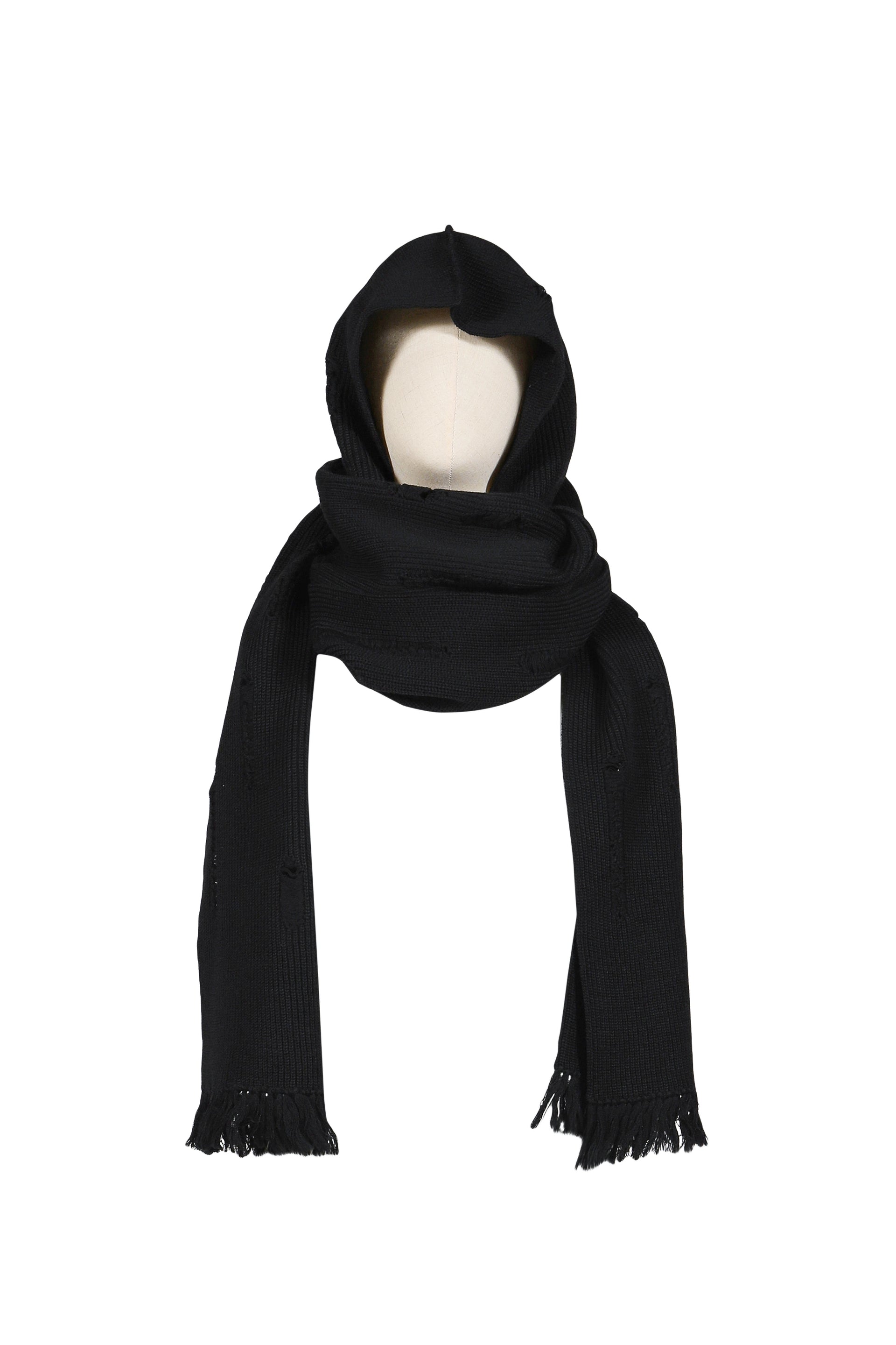 HOODED LONG MUFFLER WITH DAMAGED(CLASSIC WOOL) / BLK