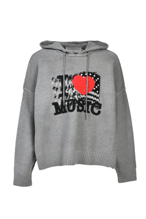 “I LOVE MUSIC” PULLOVER KNIT HOODIE (EXCLUSIVE) / GRY 